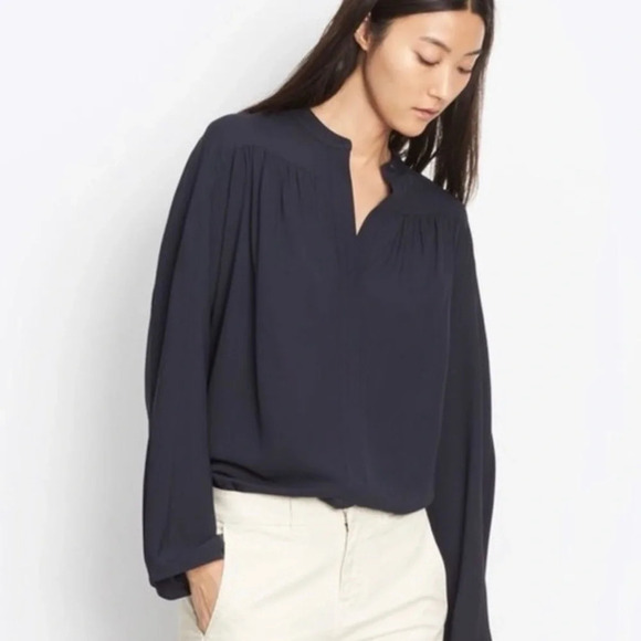 VINCE Shirred Silk Blouse‎ Long Sleeve Navy Small - Picture 1 of 10